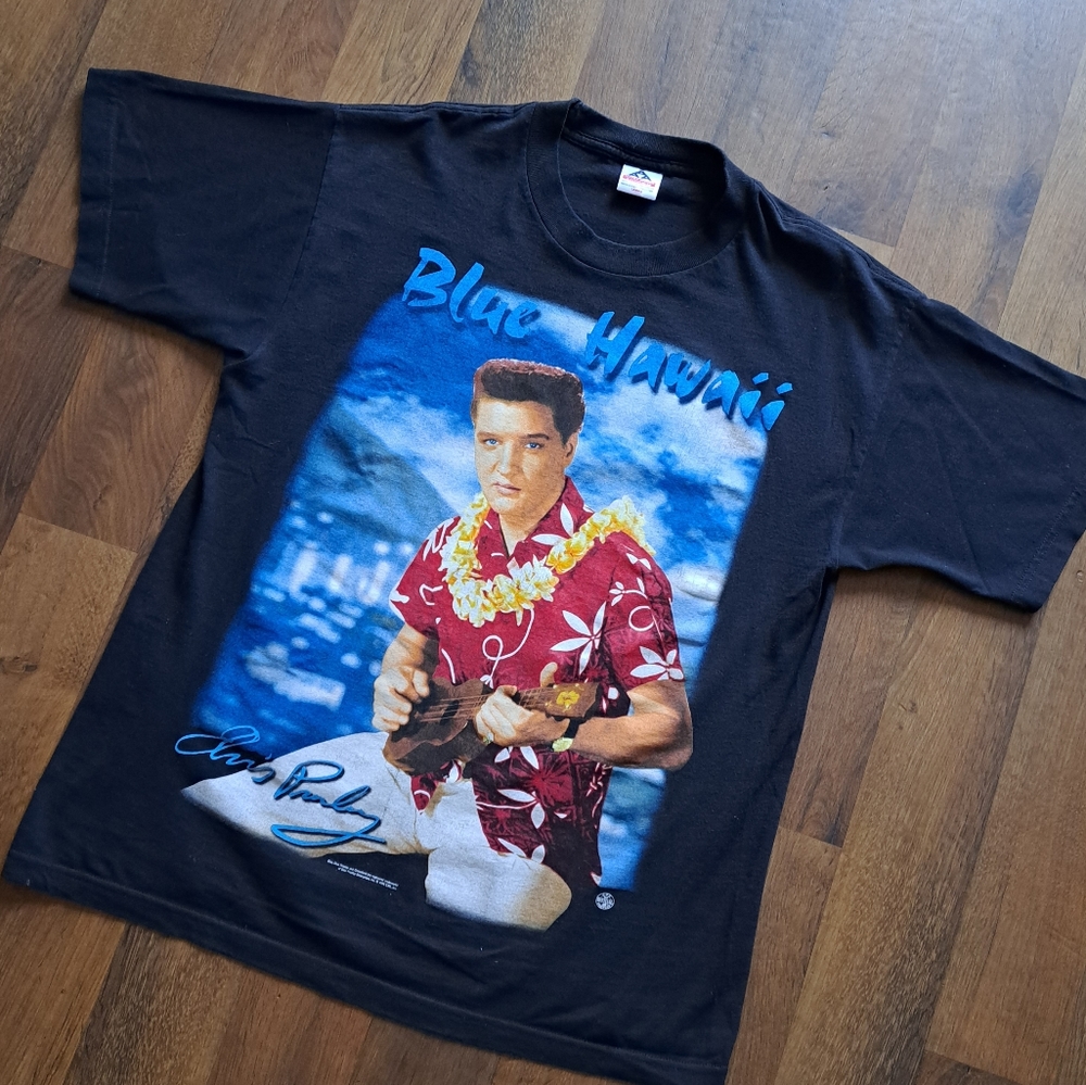 Vintage Elvis Blue Hawaii t-shirt, men's size Large, 1998, black blue red, EUC - Picture 12 of 17